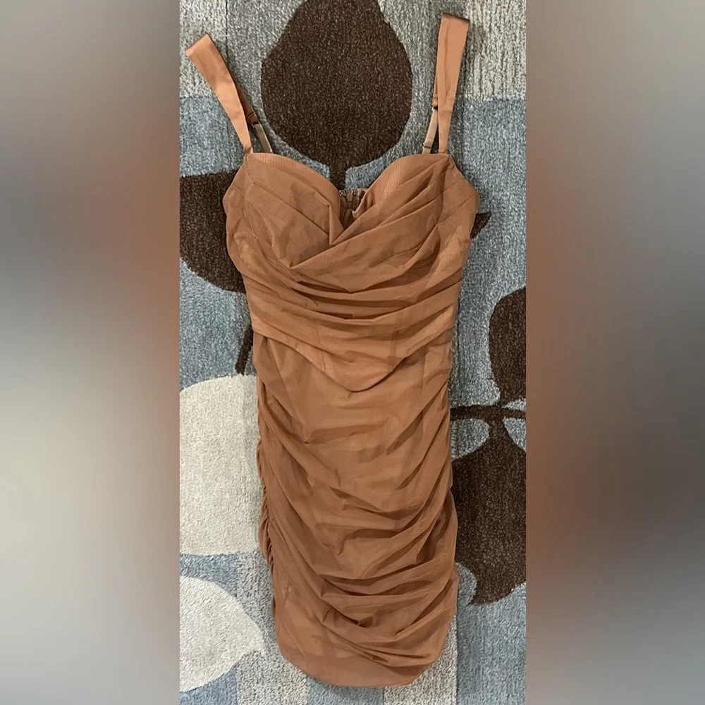 Oh Polly Cindy Strappy Corset Ruched Bodycon  Corset Mini Dress in Brown ZB8 - Picture 2 of 9